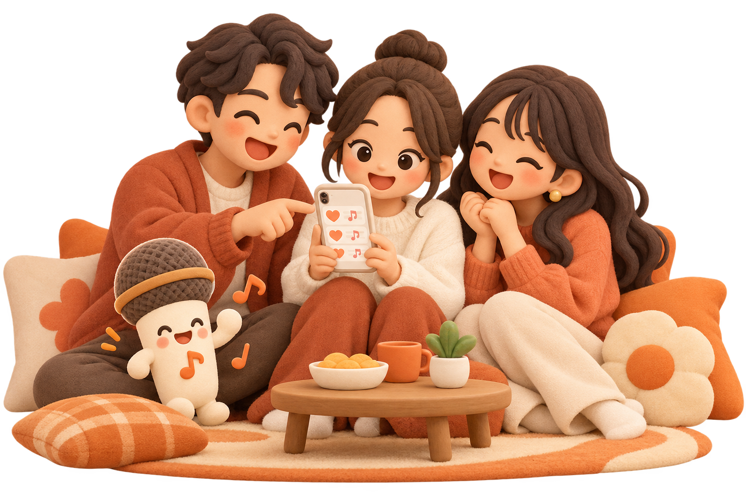 友だちとスマホのうたリストを見て、次に歌う曲を選ぶイラスト