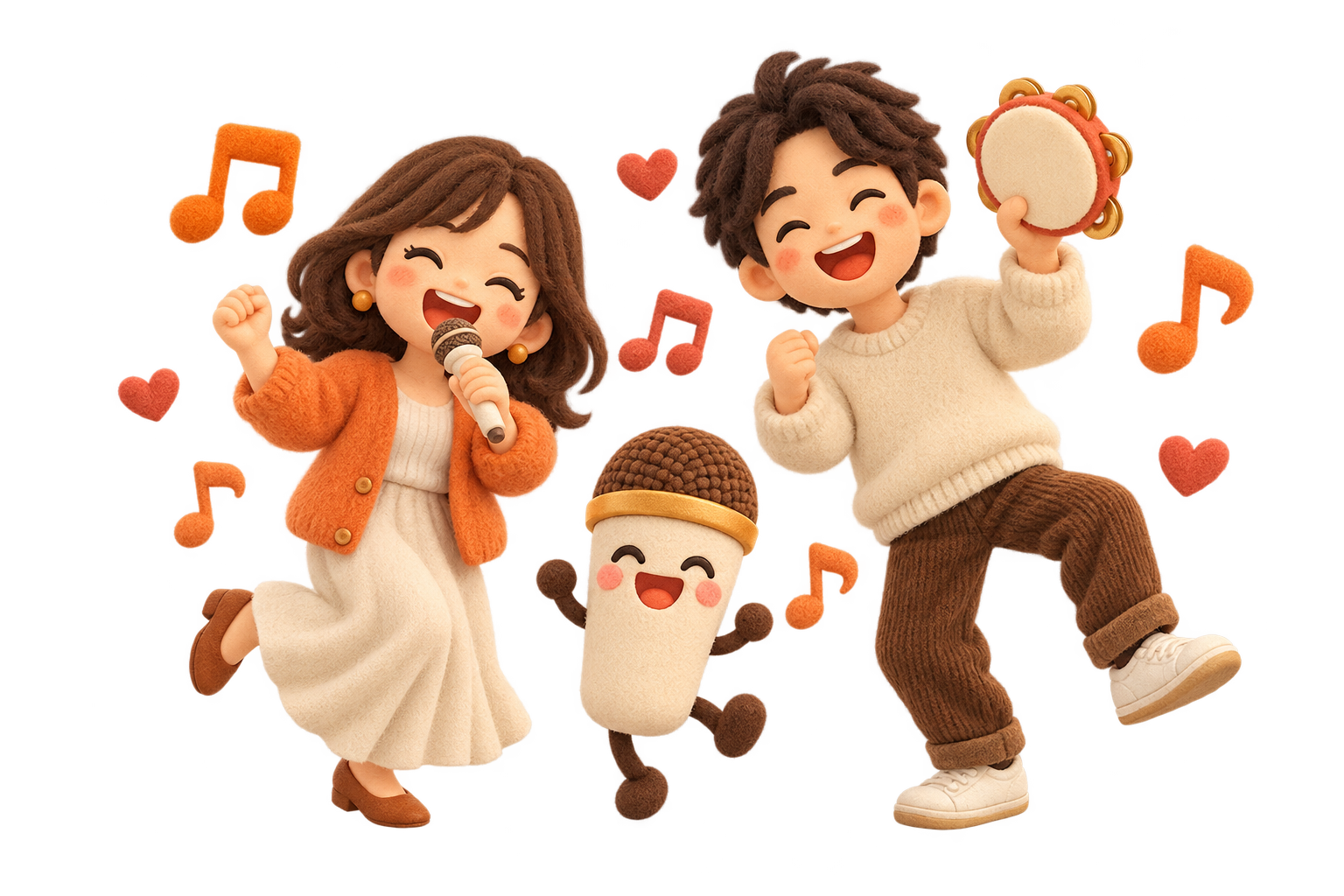 マイクで歌う人、タンバリンで応援する友だちと、笑顔のマイクのキャラクター
